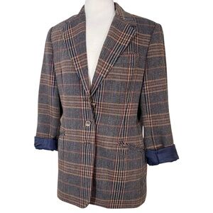 Vintage Plaid Wool Blazer Preppy White Stag Academia Old Money Brown Jacket M